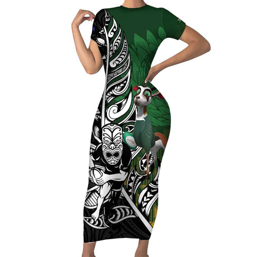 New Zealand and South Africa Rugby Custom Family Matching Short Sleeve Bodycon Dress and Hawaiian Shirt Maori Tiki Fern Springboks Kente Pattern - Aussie Hoodie