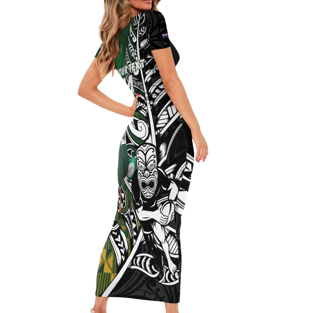 New Zealand and South Africa Rugby Custom Family Matching Short Sleeve Bodycon Dress and Hawaiian Shirt Maori Tiki Fern Springboks Kente Pattern - Aussie Hoodie
