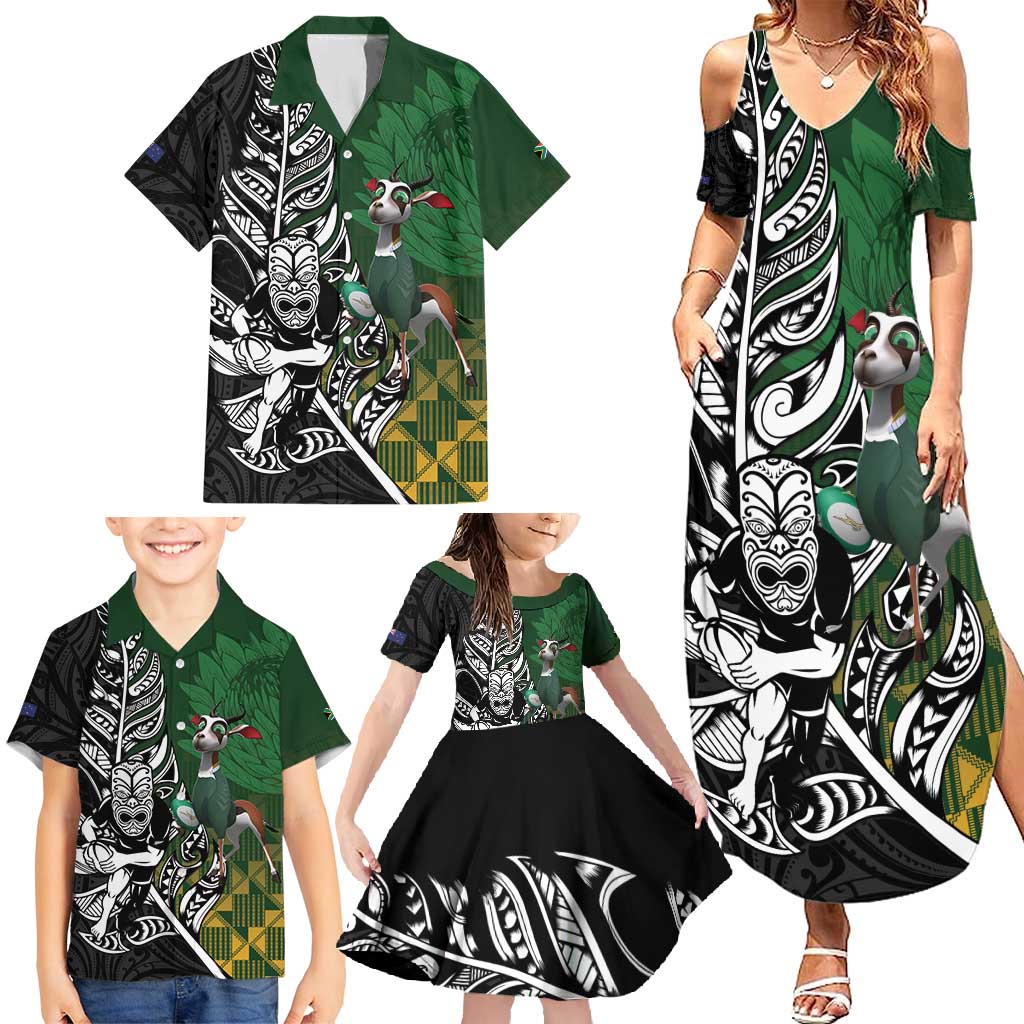 New Zealand and South Africa Rugby Custom Family Matching Summer Maxi Dress and Hawaiian Shirt Maori Tiki Fern Springboks Kente Pattern - Aussie Hoodie