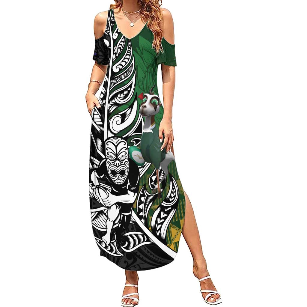New Zealand and South Africa Rugby Custom Family Matching Summer Maxi Dress and Hawaiian Shirt Maori Tiki Fern Springboks Kente Pattern - Aussie Hoodie