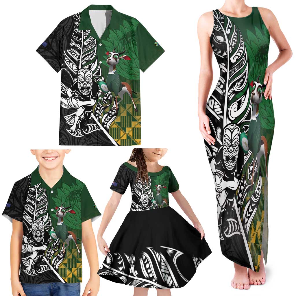 New Zealand and South Africa Rugby Custom Family Matching Tank Maxi Dress and Hawaiian Shirt Maori Tiki Fern Springboks Kente Pattern - Aussie Hoodie