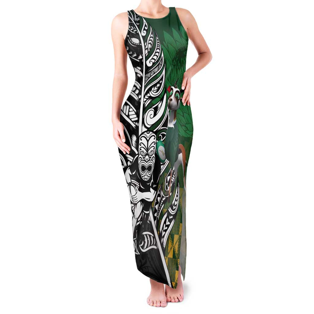 New Zealand and South Africa Rugby Custom Family Matching Tank Maxi Dress and Hawaiian Shirt Maori Tiki Fern Springboks Kente Pattern - Aussie Hoodie