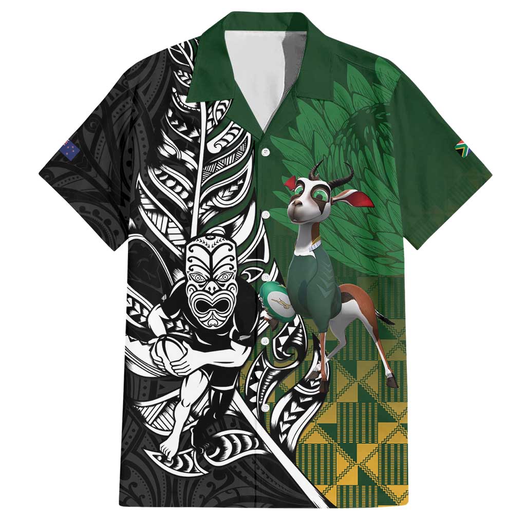 New Zealand and South Africa Rugby Custom Hawaiian Shirt Maori Tiki Fern Springboks Kente Pattern - Aussie Hoodie