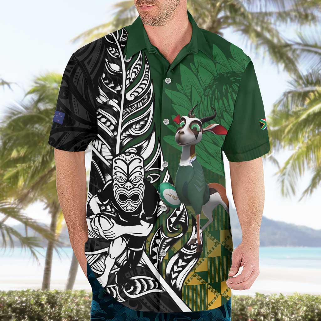 New Zealand and South Africa Rugby Custom Hawaiian Shirt Maori Tiki Fern Springboks Kente Pattern - Aussie Hoodie