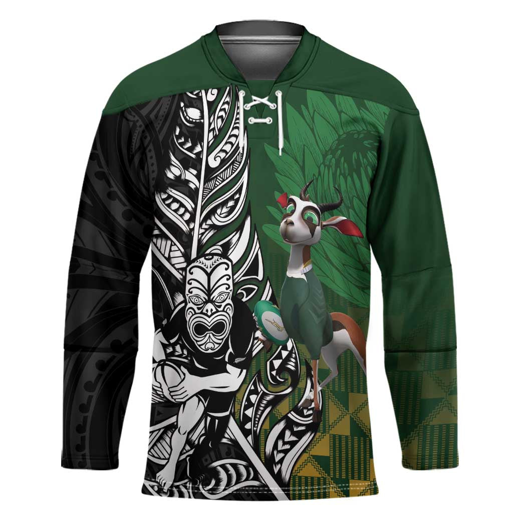 New Zealand and South Africa Rugby Custom Hockey Jersey Maori Tiki Fern Springboks Kente Pattern - Aussie Hoodie