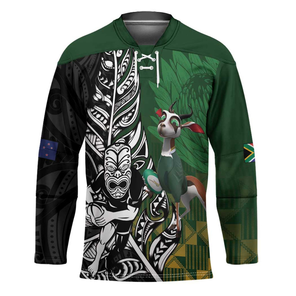 New Zealand and South Africa Rugby Custom Hockey Jersey Maori Tiki Fern Springboks Kente Pattern - Aussie Hoodie