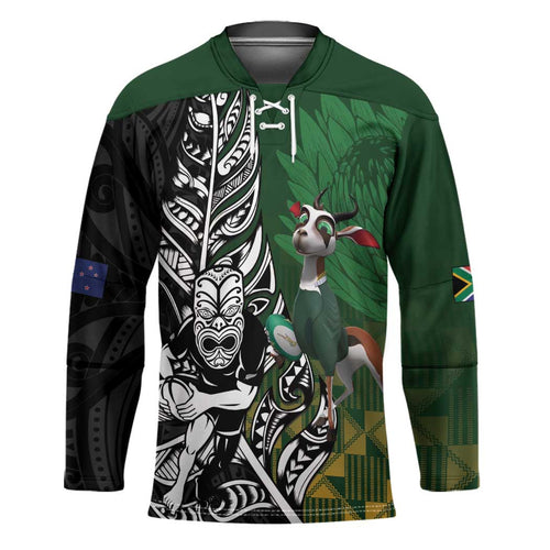 New Zealand and South Africa Rugby Custom Hockey Jersey Maori Tiki Fern Springboks Kente Pattern - Aussie Hoodie