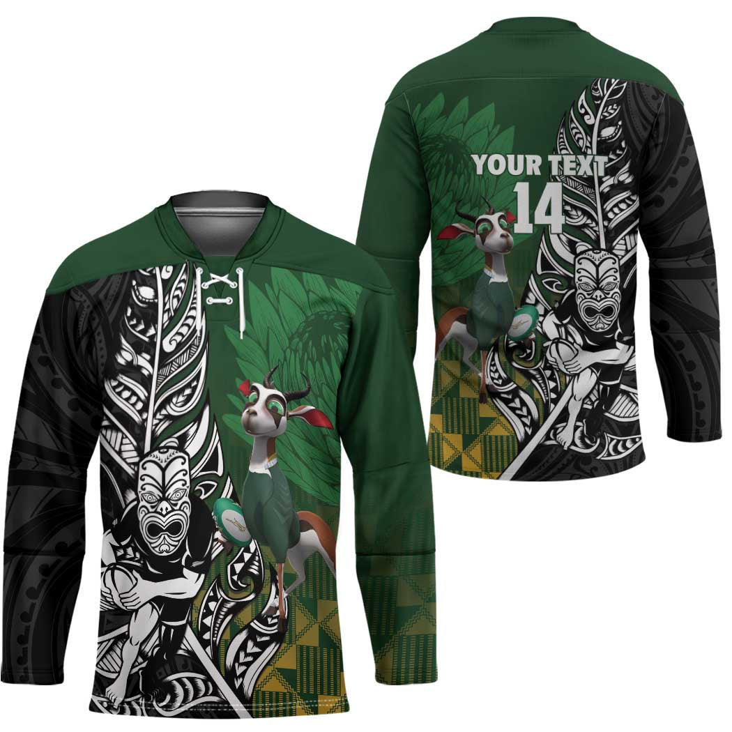 New Zealand and South Africa Rugby Custom Hockey Jersey Maori Tiki Fern Springboks Kente Pattern - Aussie Hoodie