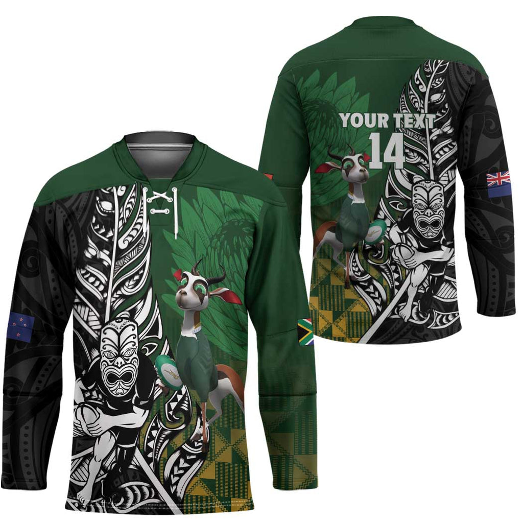 New Zealand and South Africa Rugby Custom Hockey Jersey Maori Tiki Fern Springboks Kente Pattern - Aussie Hoodie