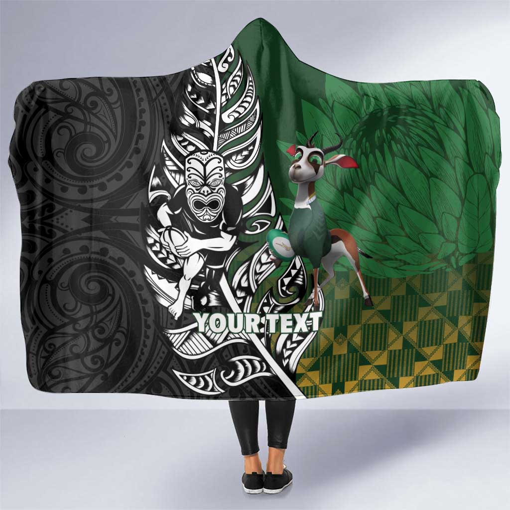 New Zealand and South Africa Rugby Custom Hooded Blanket Maori Tiki Fern Springboks Kente Pattern - Aussie Hoodie