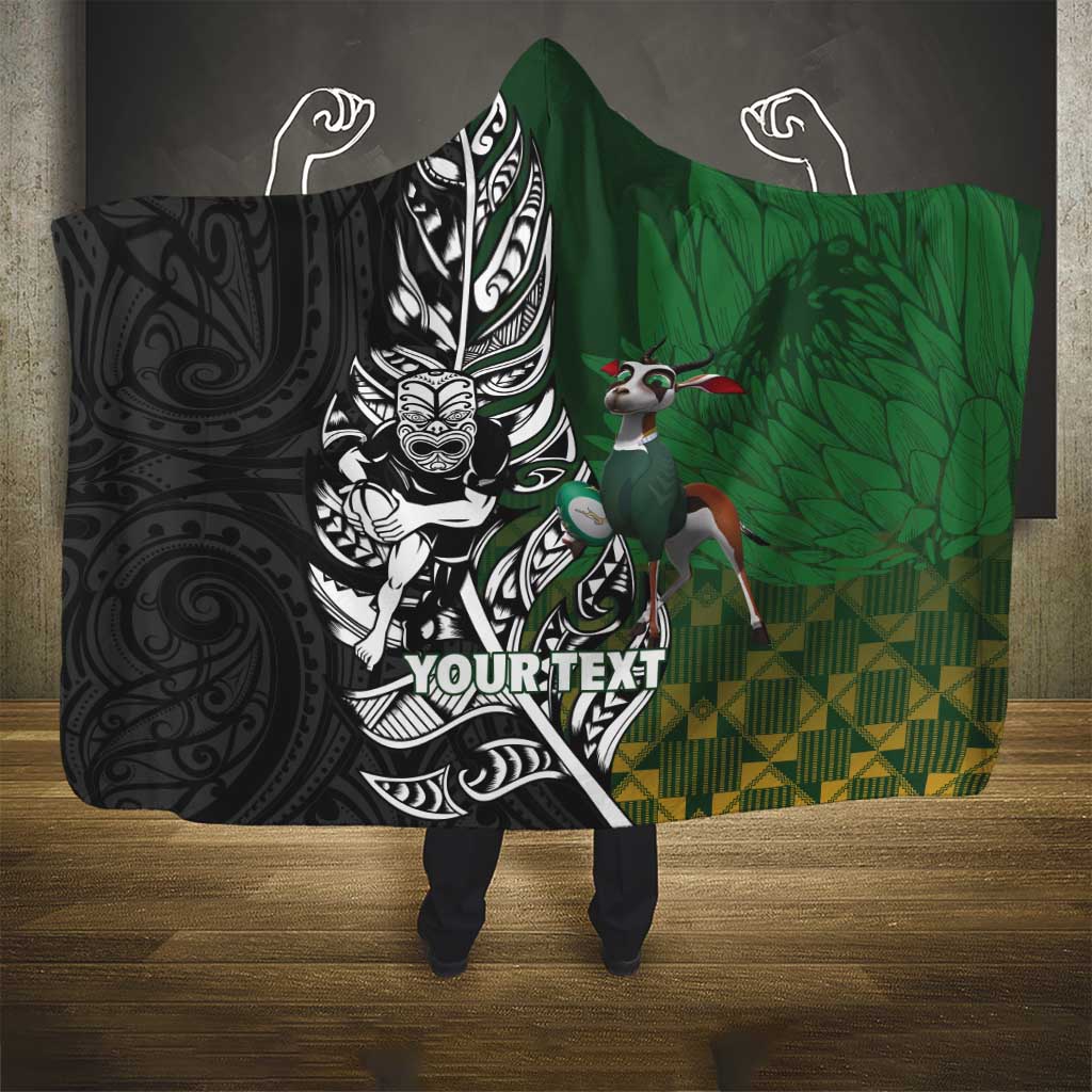 New Zealand and South Africa Rugby Custom Hooded Blanket Maori Tiki Fern Springboks Kente Pattern - Aussie Hoodie