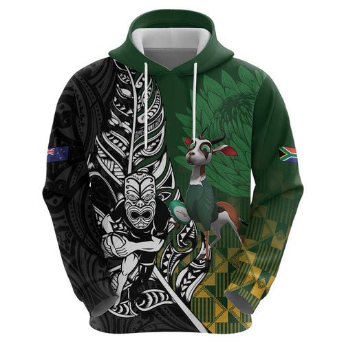 New Zealand and South Africa Rugby Custom Hoodie Maori Tiki Fern Springboks Kente Pattern - Aussie Hoodie