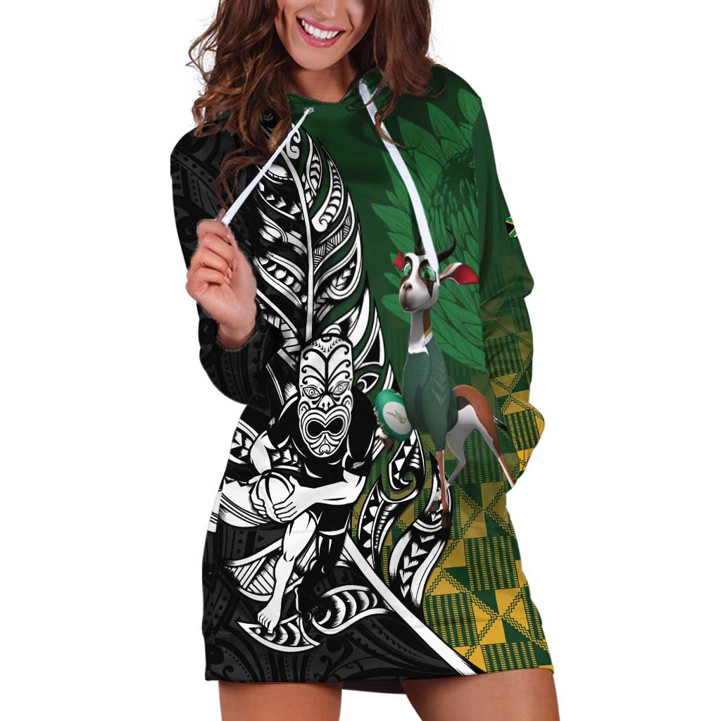 New Zealand and South Africa Rugby Custom Hoodie Dress Maori Tiki Fern Springboks Kente Pattern - Aussie Hoodie