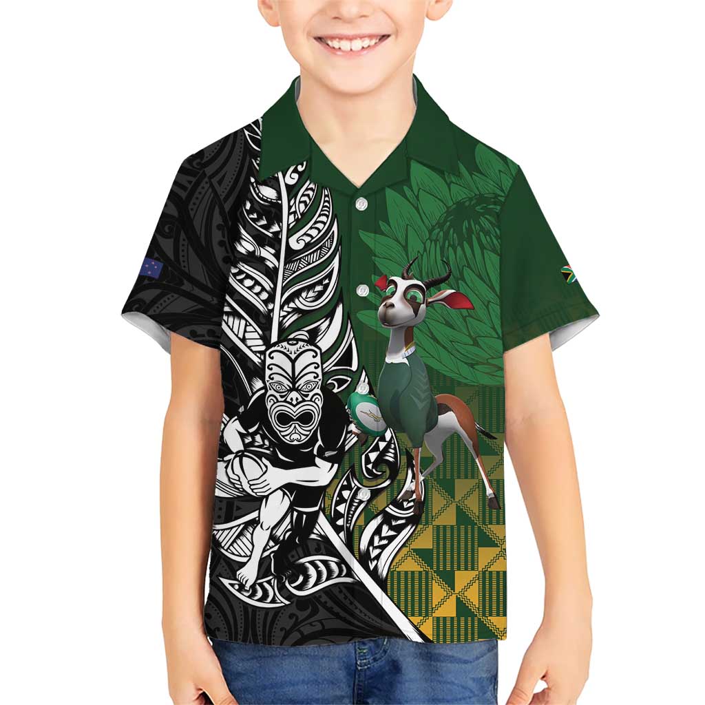 New Zealand and South Africa Rugby Custom Kid Hawaiian Shirt Maori Tiki Fern Springboks Kente Pattern - Aussie Hoodie