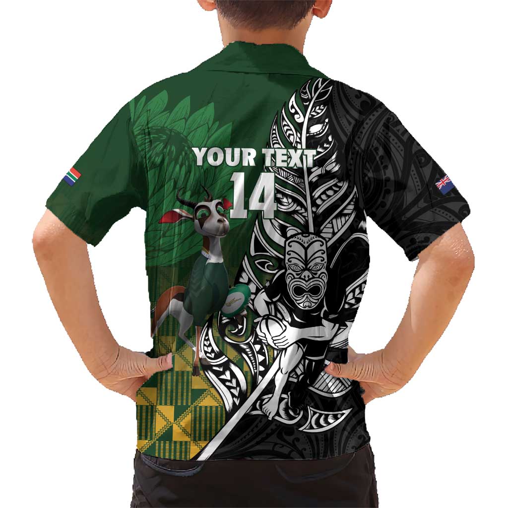 New Zealand and South Africa Rugby Custom Kid Hawaiian Shirt Maori Tiki Fern Springboks Kente Pattern - Aussie Hoodie