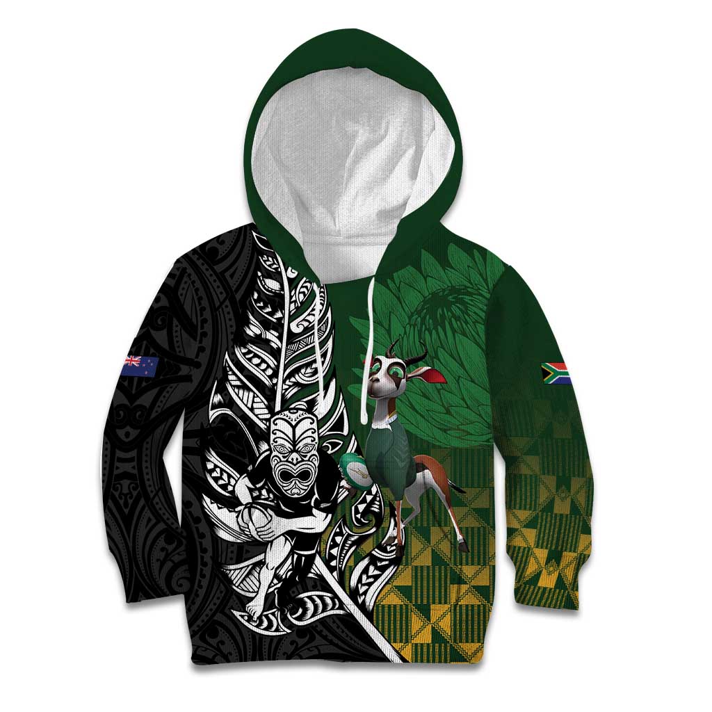 New Zealand and South Africa Rugby Custom Kid Hoodie Maori Tiki Fern Springboks Kente Pattern - Aussie Hoodie