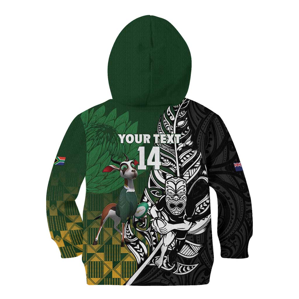 New Zealand and South Africa Rugby Custom Kid Hoodie Maori Tiki Fern Springboks Kente Pattern - Aussie Hoodie