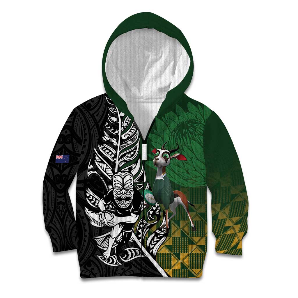 New Zealand and South Africa Rugby Custom Kid Hoodie Maori Tiki Fern Springboks Kente Pattern - Aussie Hoodie