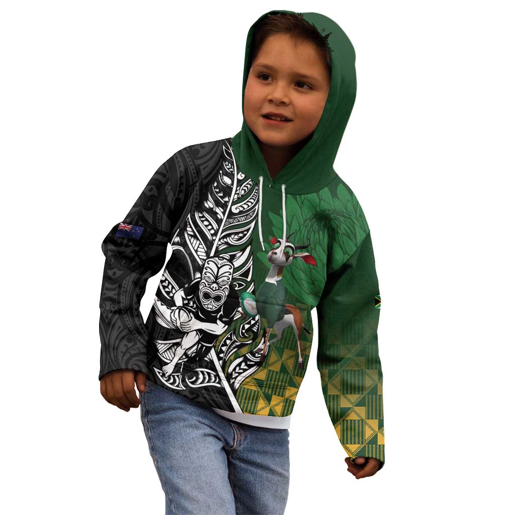 New Zealand and South Africa Rugby Custom Kid Hoodie Maori Tiki Fern Springboks Kente Pattern - Aussie Hoodie