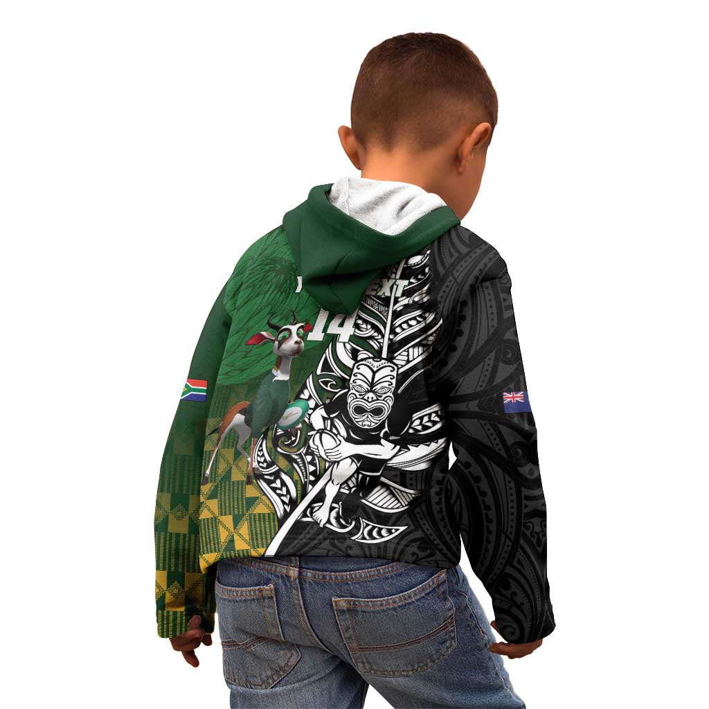 New Zealand and South Africa Rugby Custom Kid Hoodie Maori Tiki Fern Springboks Kente Pattern - Aussie Hoodie
