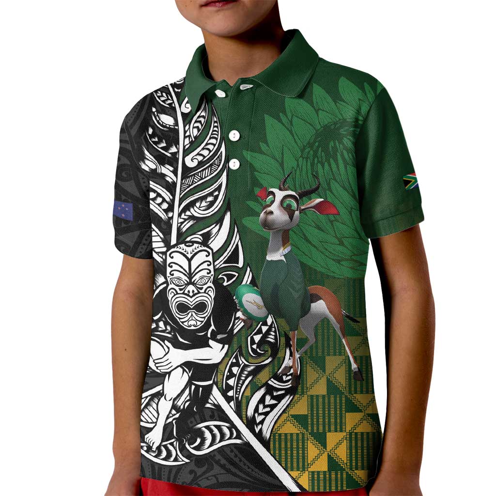 New Zealand and South Africa Rugby Custom Kid Polo Shirt Maori Tiki Fern Springboks Kente Pattern - Aussie Hoodie