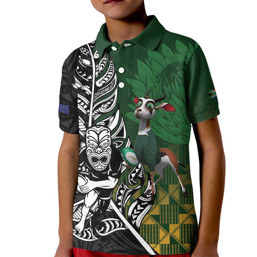 New Zealand and South Africa Rugby Custom Kid Polo Shirt Maori Tiki Fern Springboks Kente Pattern - Aussie Hoodie
