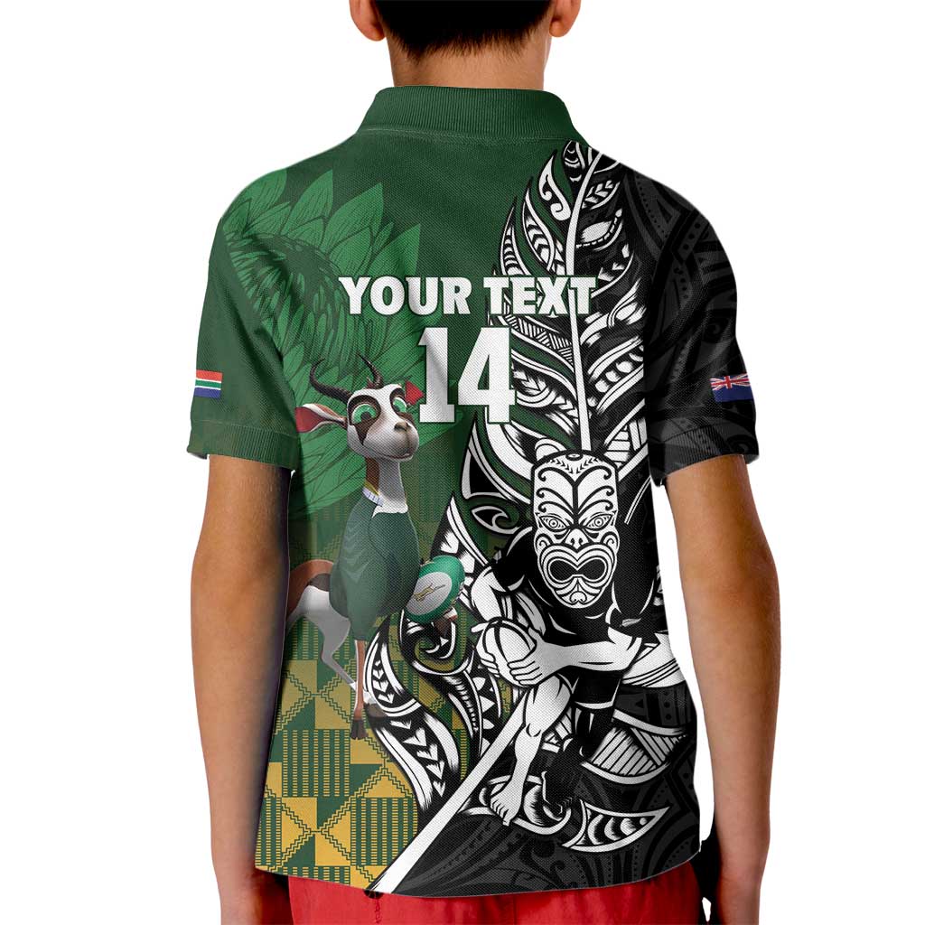 New Zealand and South Africa Rugby Custom Kid Polo Shirt Maori Tiki Fern Springboks Kente Pattern - Aussie Hoodie