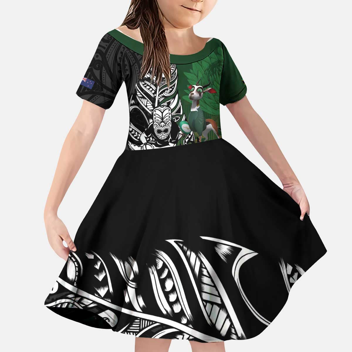 New Zealand and South Africa Rugby Custom Kid Short Sleeve Dress Maori Tiki Fern Springboks Kente Pattern - Aussie Hoodie
