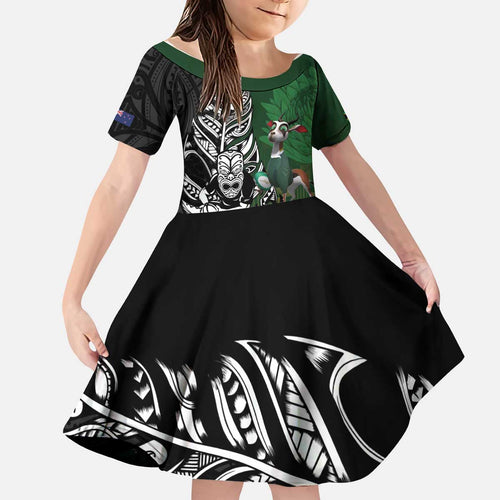 New Zealand and South Africa Rugby Custom Kid Short Sleeve Dress Maori Tiki Fern Springboks Kente Pattern - Aussie Hoodie