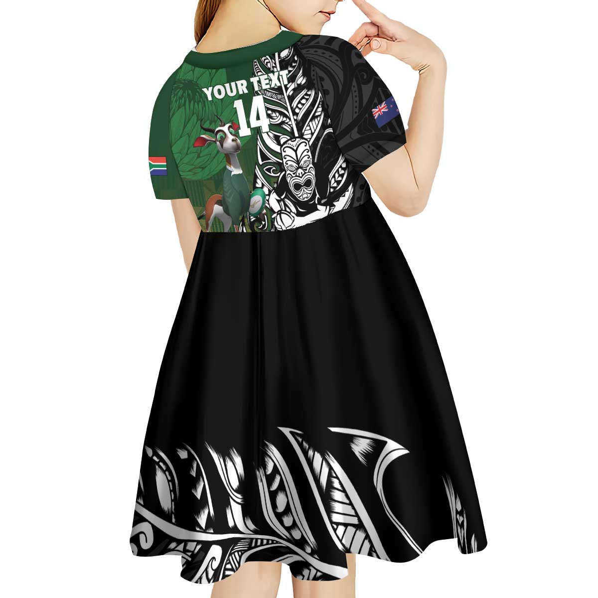 New Zealand and South Africa Rugby Custom Kid Short Sleeve Dress Maori Tiki Fern Springboks Kente Pattern - Aussie Hoodie
