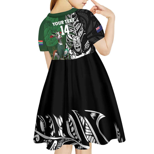 New Zealand and South Africa Rugby Custom Kid Short Sleeve Dress Maori Tiki Fern Springboks Kente Pattern - Aussie Hoodie