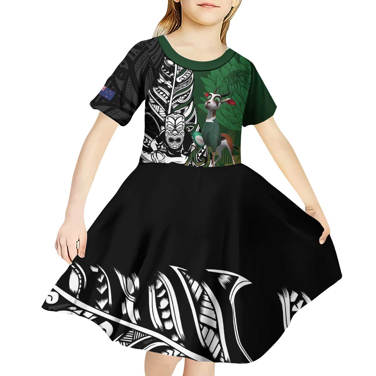New Zealand and South Africa Rugby Custom Kid Short Sleeve Dress Maori Tiki Fern Springboks Kente Pattern - Aussie Hoodie