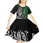 New Zealand and South Africa Rugby Custom Kid Short Sleeve Dress Maori Tiki Fern Springboks Kente Pattern - Aussie Hoodie