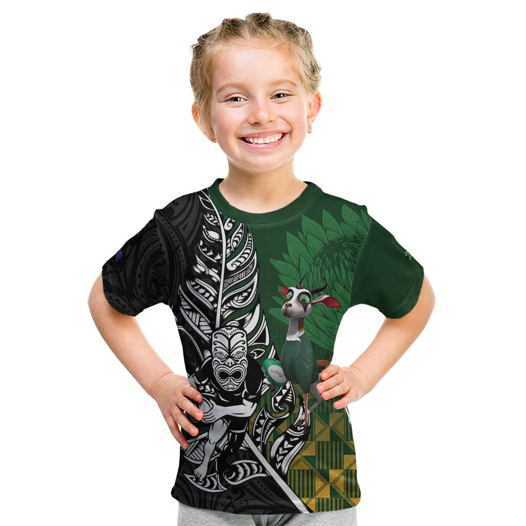 New Zealand and South Africa Rugby Custom Kid T Shirt Maori Tiki Fern Springboks Kente Pattern - Aussie Hoodie