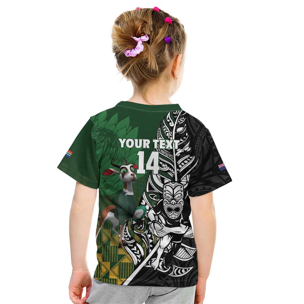 New Zealand and South Africa Rugby Custom Kid T Shirt Maori Tiki Fern Springboks Kente Pattern - Aussie Hoodie