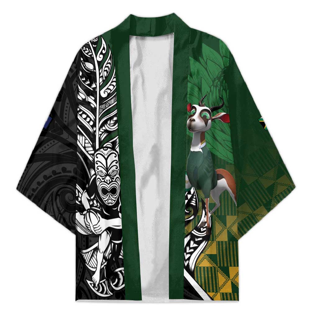 New Zealand and South Africa Rugby Custom Kimono Maori Tiki Fern Springboks Kente Pattern - Aussie Hoodie