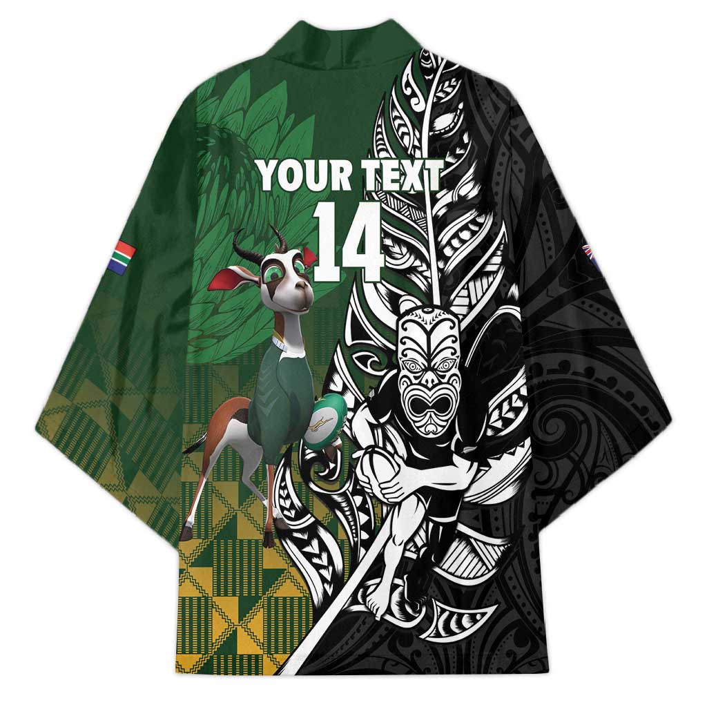 New Zealand and South Africa Rugby Custom Kimono Maori Tiki Fern Springboks Kente Pattern - Aussie Hoodie