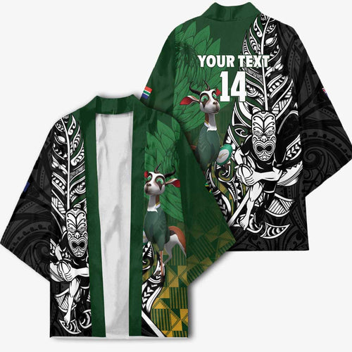 New Zealand and South Africa Rugby Custom Kimono Maori Tiki Fern Springboks Kente Pattern - Aussie Hoodie