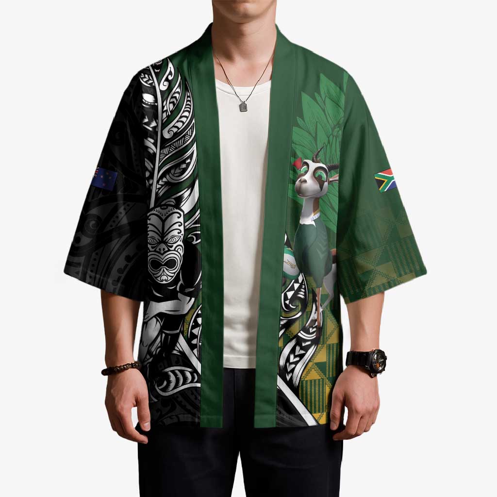 New Zealand and South Africa Rugby Custom Kimono Maori Tiki Fern Springboks Kente Pattern - Aussie Hoodie