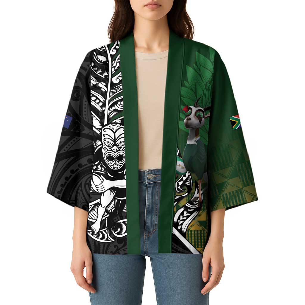 New Zealand and South Africa Rugby Custom Kimono Maori Tiki Fern Springboks Kente Pattern - Aussie Hoodie