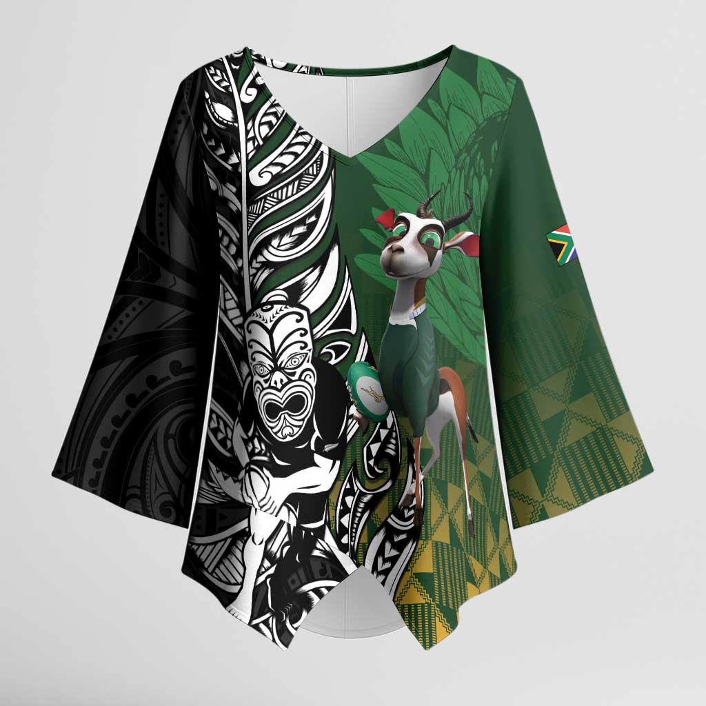 New Zealand and South Africa Rugby Custom Kimono Sleeve Blouse Maori Tiki Fern Springboks Kente Pattern - Aussie Hoodie