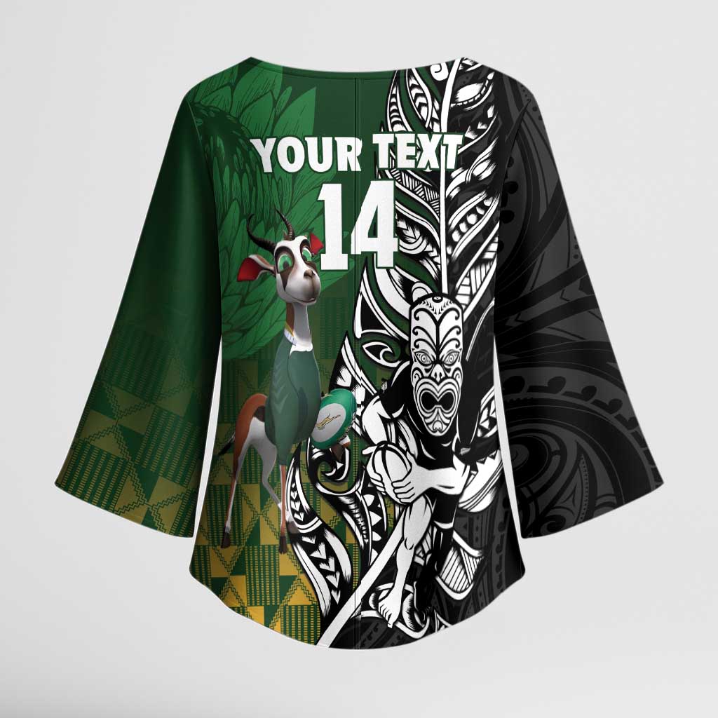 New Zealand and South Africa Rugby Custom Kimono Sleeve Blouse Maori Tiki Fern Springboks Kente Pattern - Aussie Hoodie
