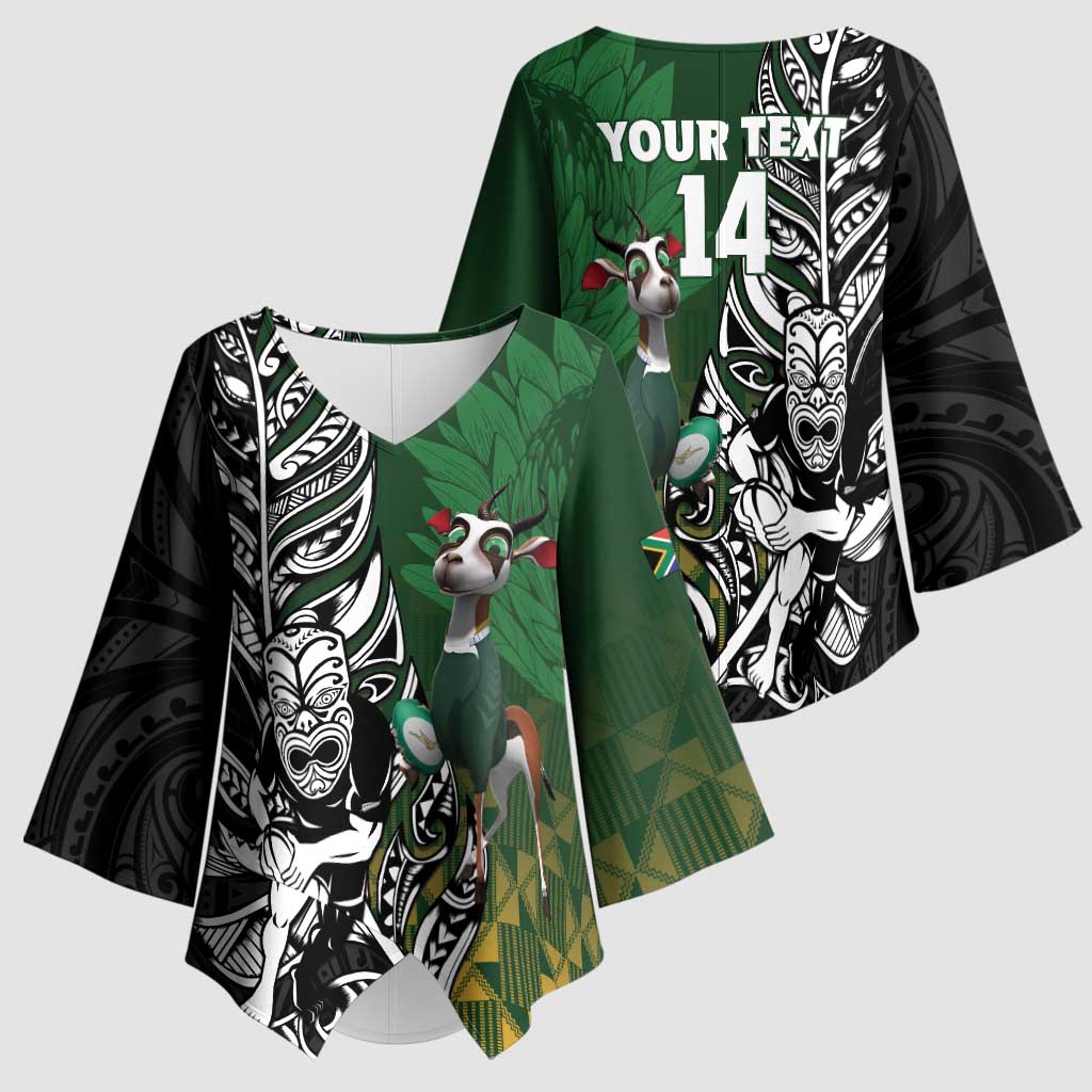 New Zealand and South Africa Rugby Custom Kimono Sleeve Blouse Maori Tiki Fern Springboks Kente Pattern - Aussie Hoodie