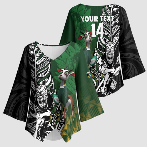 New Zealand and South Africa Rugby Custom Kimono Sleeve Blouse Maori Tiki Fern Springboks Kente Pattern - Aussie Hoodie