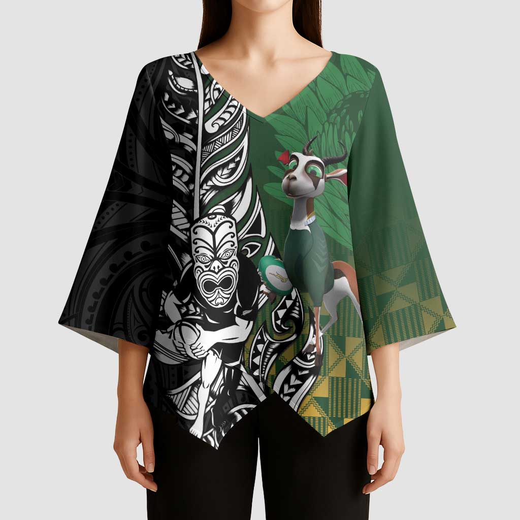 New Zealand and South Africa Rugby Custom Kimono Sleeve Blouse Maori Tiki Fern Springboks Kente Pattern - Aussie Hoodie