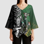 New Zealand and South Africa Rugby Custom Kimono Sleeve Blouse Maori Tiki Fern Springboks Kente Pattern - Aussie Hoodie