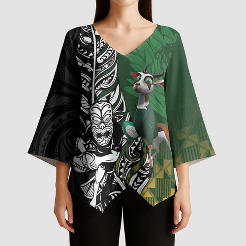New Zealand and South Africa Rugby Custom Kimono Sleeve Blouse Maori Tiki Fern Springboks Kente Pattern - Aussie Hoodie