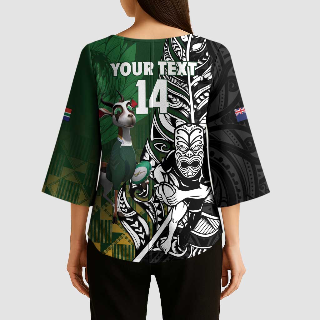 New Zealand and South Africa Rugby Custom Kimono Sleeve Blouse Maori Tiki Fern Springboks Kente Pattern - Aussie Hoodie