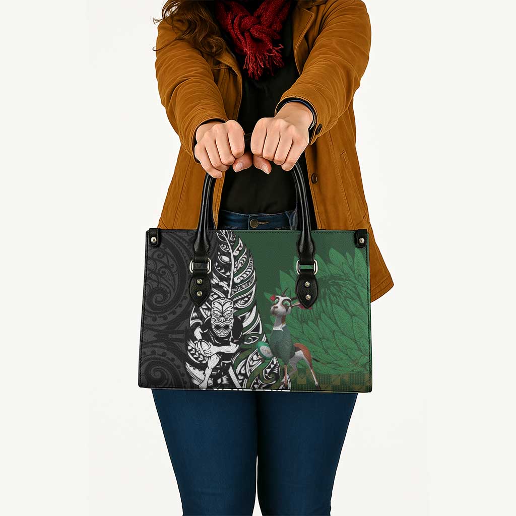 New Zealand and South Africa Rugby Custom Leather Bag Maori Tiki Fern Springboks Kente Pattern - Aussie Hoodie