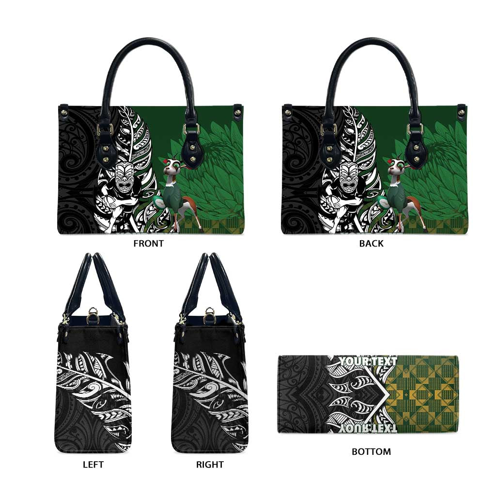 New Zealand and South Africa Rugby Custom Leather Bag Maori Tiki Fern Springboks Kente Pattern - Aussie Hoodie